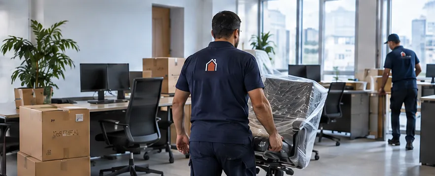 Ofis taşıması: sandalyeler streçle sarılı, masalar boşaltılmış.